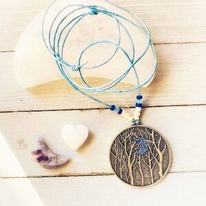 Crescent Moon In The Forest Pendant on Adjustable Leather Blue Cord